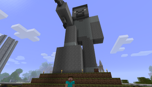 Steve in front of the Steve statue in Steve City