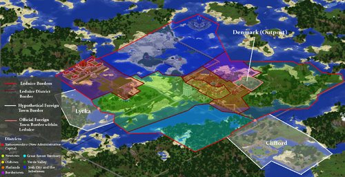 Lednice's districts, territories and bordering towns.