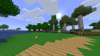 A screenshot showing the tree farm near Xchofica's old lodge. There are a few trees in view, a wooden walkway leading to them.