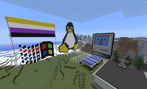 Non-binary flag and the operating system trifecta. (Windows 3.x logo, Tux (Linux mascot), Happy Mac (Classic Mac OS))