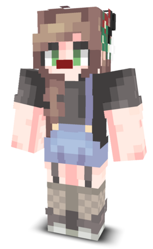 Xchofica's skin. It has brown, layered, medium-length hair, light green eyes, pale skin, and a floating red nose like a certain holiday reindeer. The head has dark antlers off its sides, with small wild berries and flowers caught on them. The skin's clothes are a dark t-shirt, with light blue overalls. The overalls buttons are a pale light gold. The socks are a gray and are held up by straps. The shoes are an off-white and are slightly dirtied or worn in.