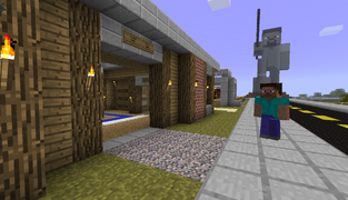 Steve in front of the voting hall in Steve City